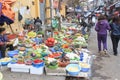 Womand selling fruits and vegetables in a street market of HoÃÂ n KiÃ¡ÂºÂ¿m, the old quarter of Hanoi Royalty Free Stock Photo